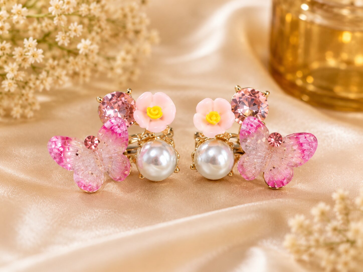 2026/09/1001783763.jpg Pink Butterfly Pearl Flower Earrings - Image 1