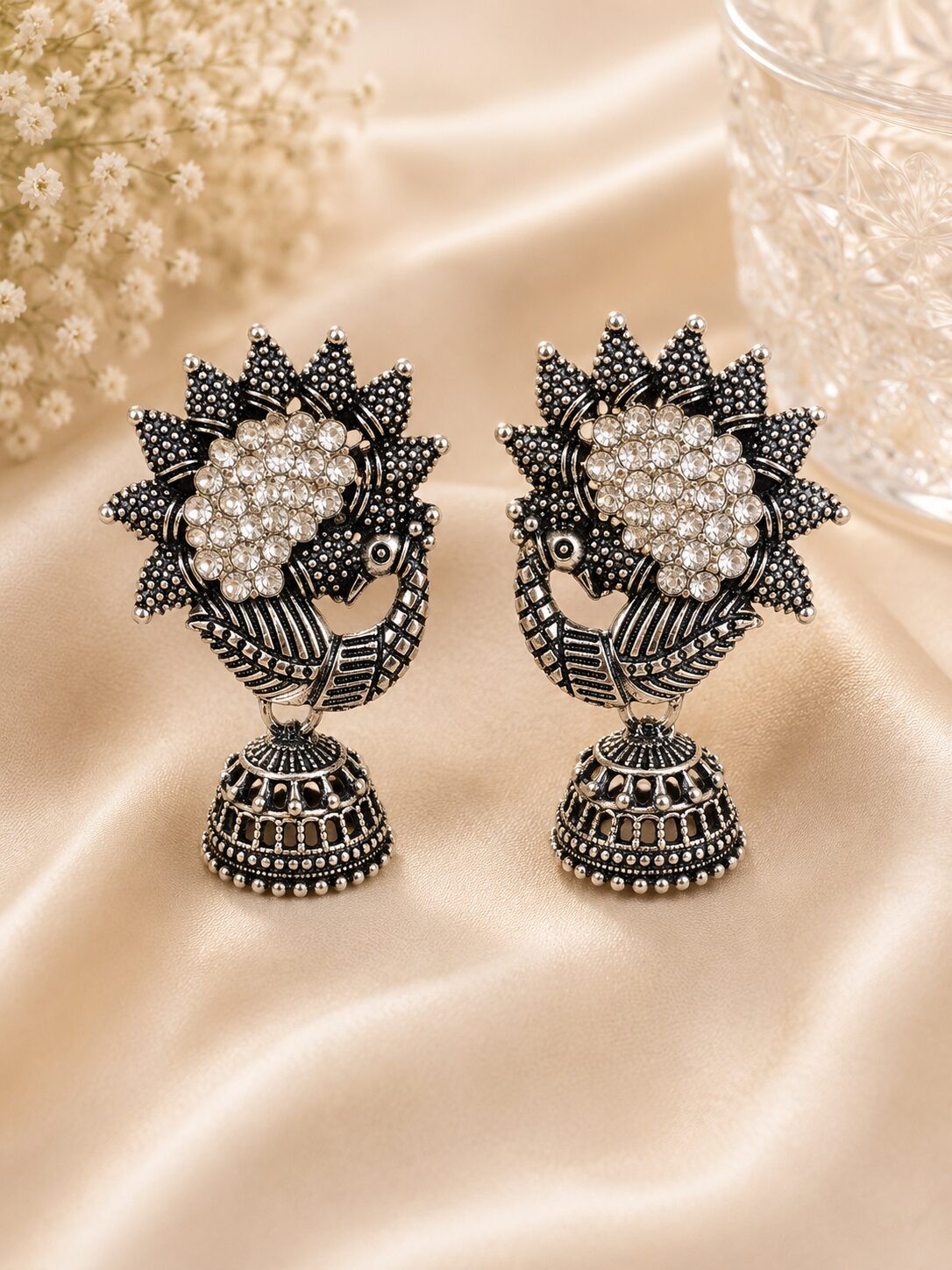 2026/09/1001783782.jpg Oxidized Silver Peacock Jhumka Earrings - Image 1