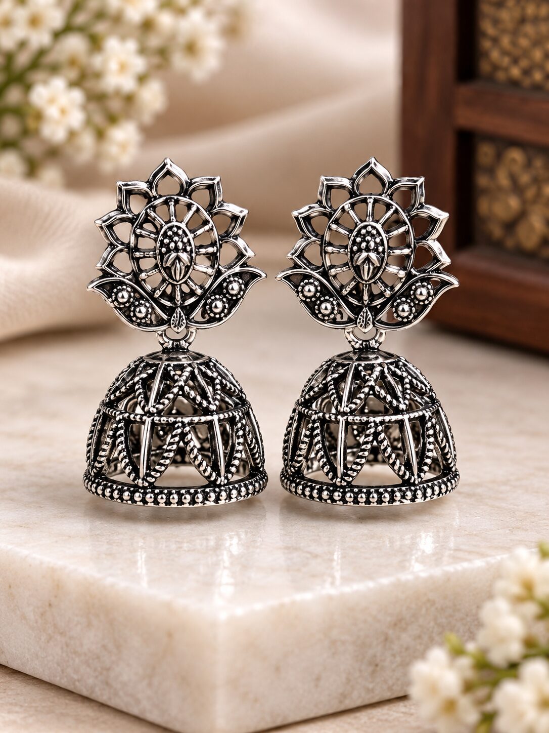 2026/09/1001784203.jpg Antique Silver Floral Jhumka Earrings - Image 1