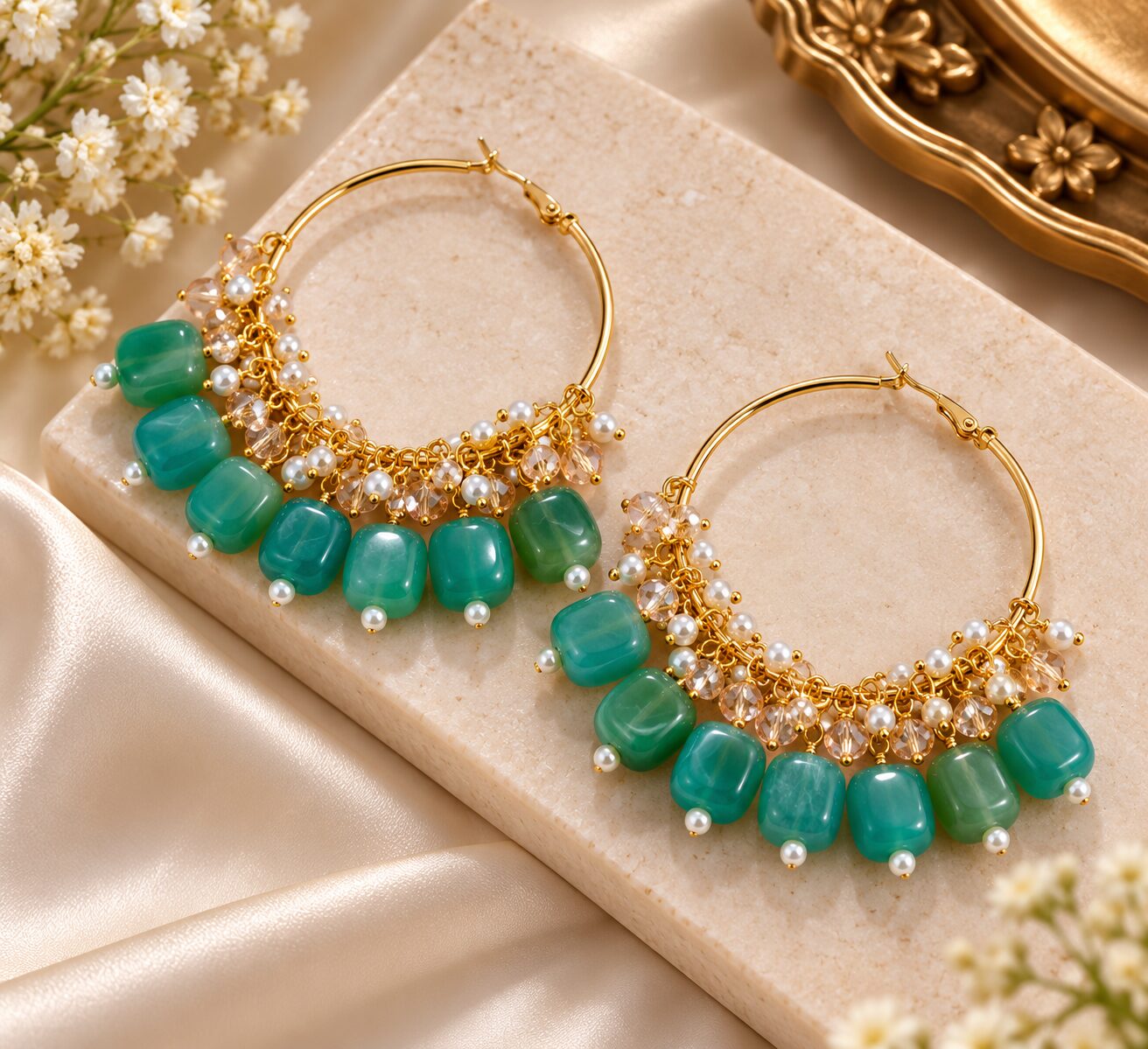 2026/09/1001784216.jpg Elegant Teal Green Beaded Hoop Earrings - Image 1
