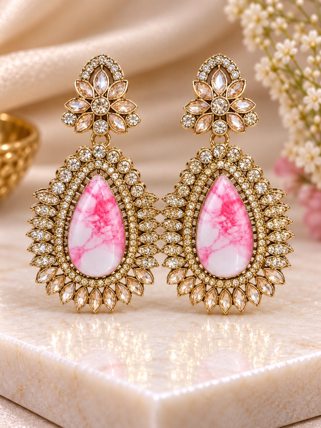 2026/09/1001784219.jpg Elegant Pink Stone Crystal Drop Earrings - Image 1