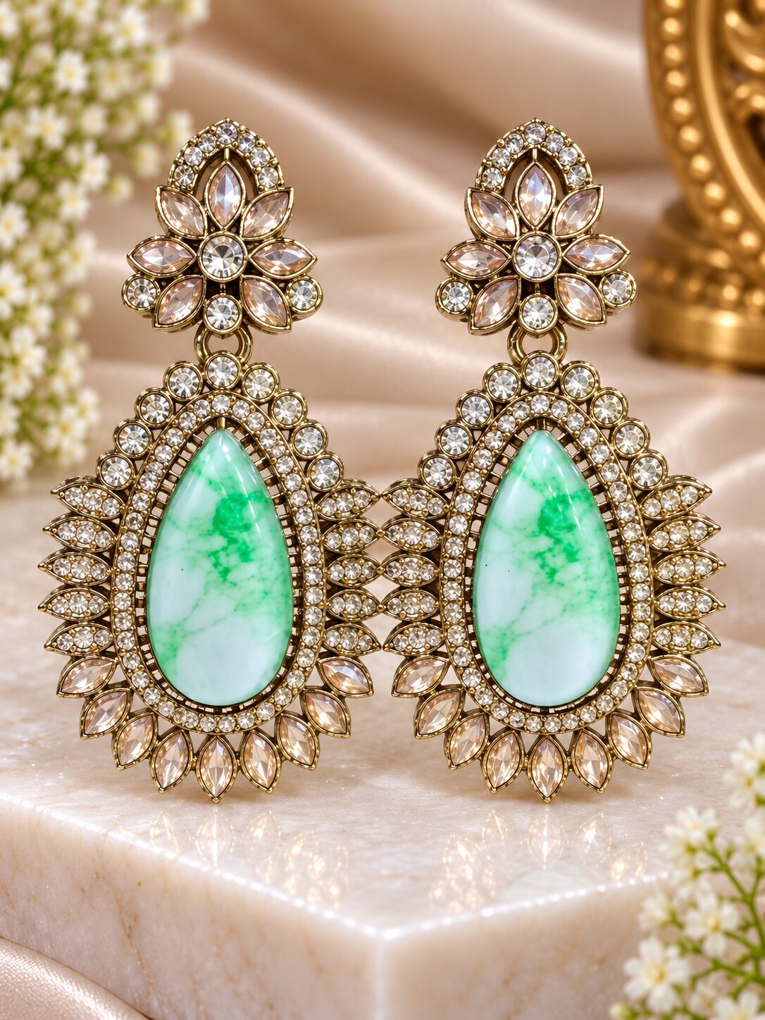 2026/09/1001784223.jpg Elegant Green Stone Crystal Drop Earrings - Image 1