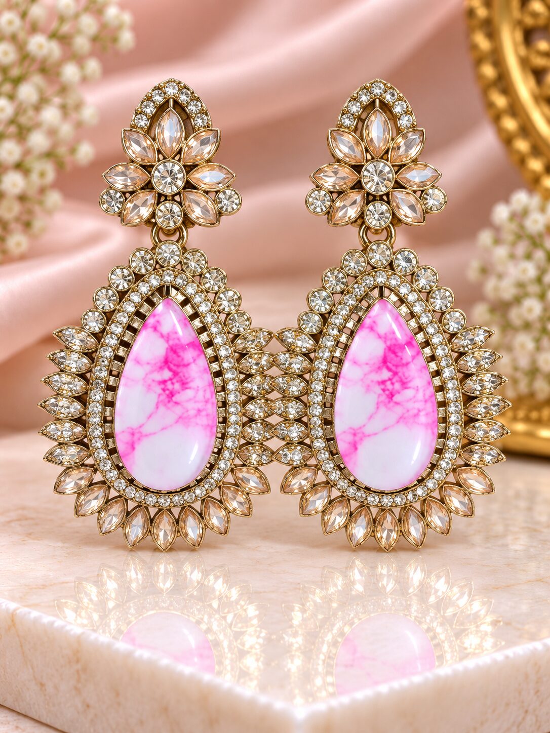 2026/09/1001784230.jpg Elegant Pink Marbled Crystal Drop Earrings - Image 1