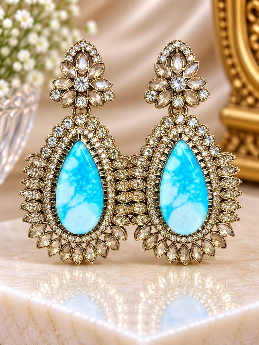 2026/09/1001784232.jpg Elegant Turquoise Blue Stone Crystal Drop Earrings - Image 1