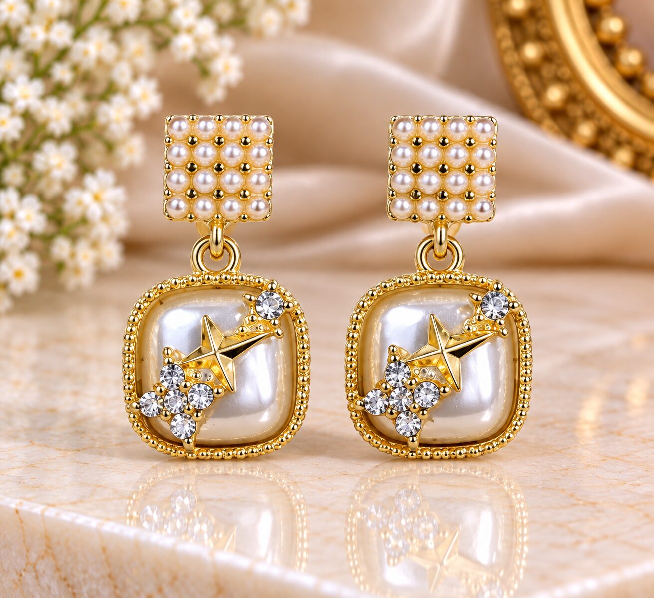 2026/09/1001784238.jpg Elegant Gold Pearl Square Drop Earrings - Image 1