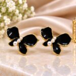Elegant Black Enamel Gold Floral Stud Earrings