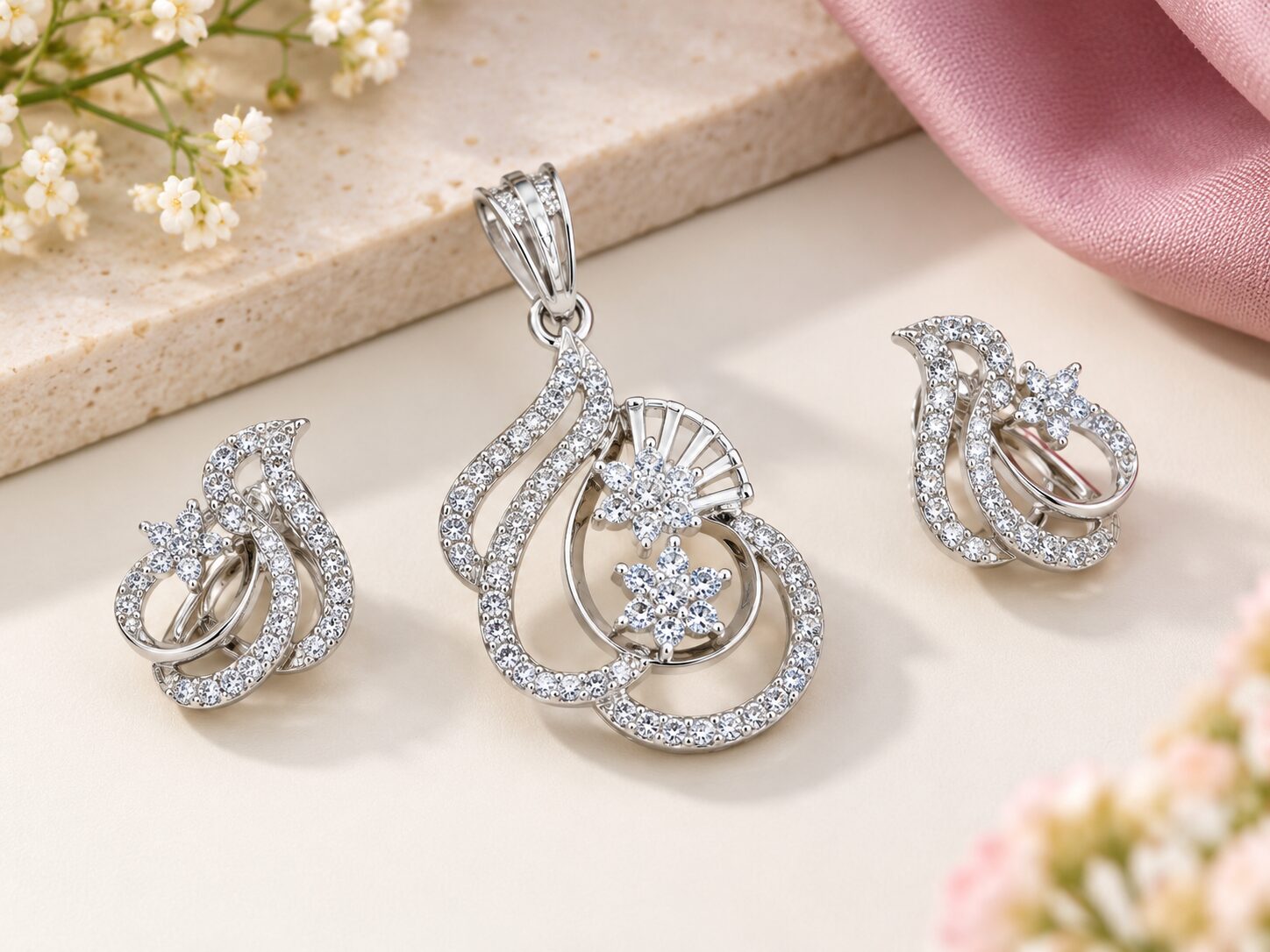 2026/09/1001784547.jpg Elegant Floral Silver Pendant & Earring Set - Image 1