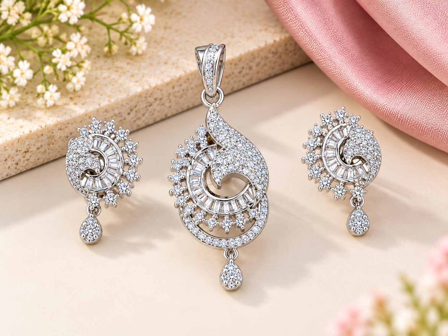 2026/09/1001784718.jpg Elegant Spiral Diamond Pendant & Earring Set - Image 1