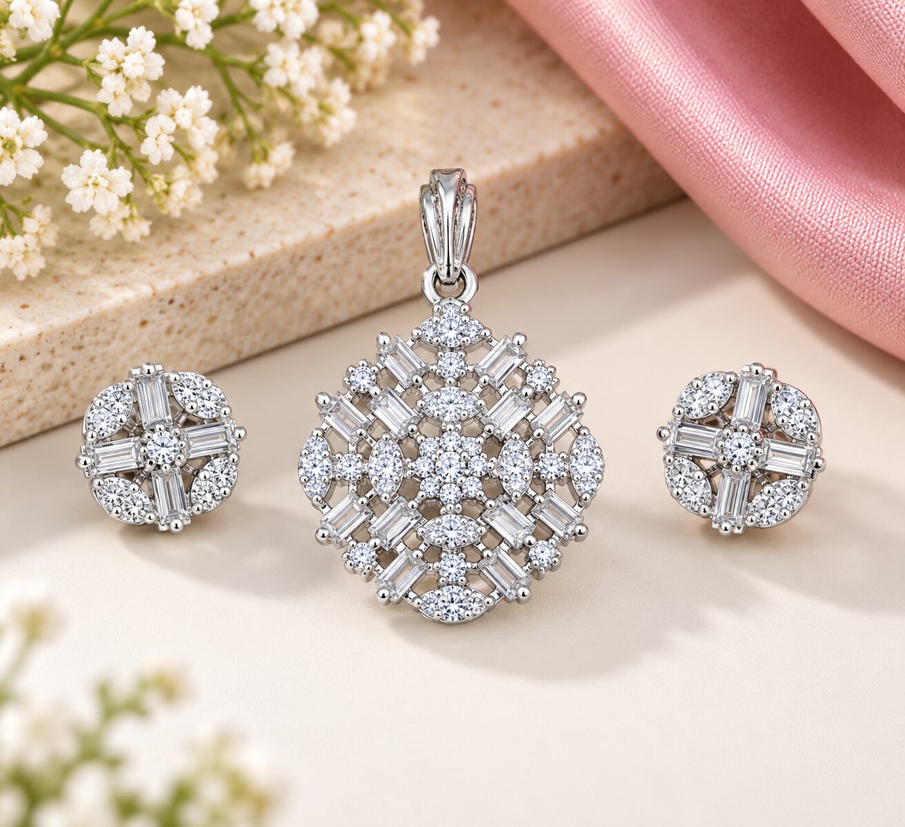 2026/09/1001784726.jpg Elegant Geometric Diamond Pendant & Stud Earring Set - Image 1