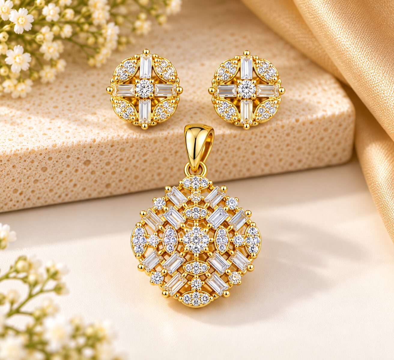2026/09/1001784728.jpg Royal Gold Geometric Diamond Pendant & Earring Set - Image 1
