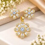 Elegant Gold Floral Diamond Pendant & Earring Set