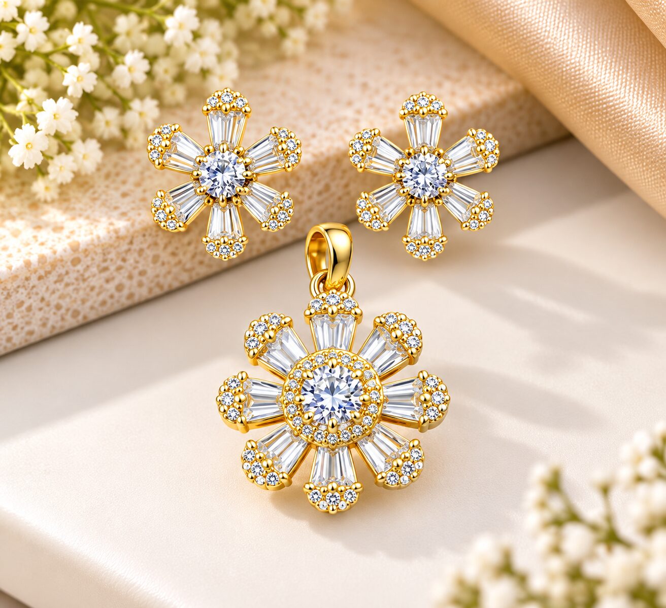 2026/09/1001784732.jpg Elegant Gold Floral Diamond Pendant & Earring Set - Image 1