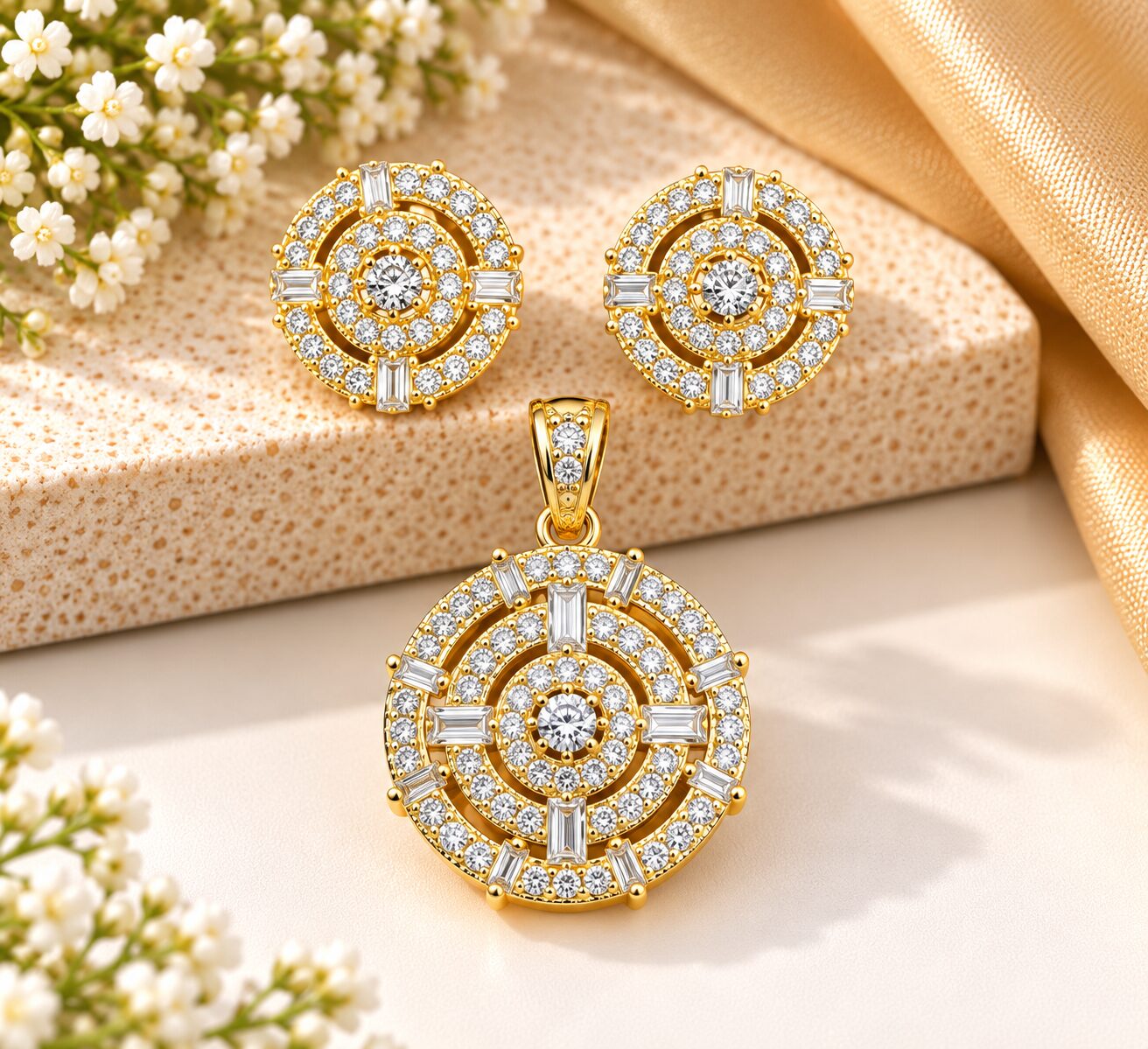 2026/09/1001784736.jpg Royal Gold Round Diamond Pendant & Earring Set - Image 1
