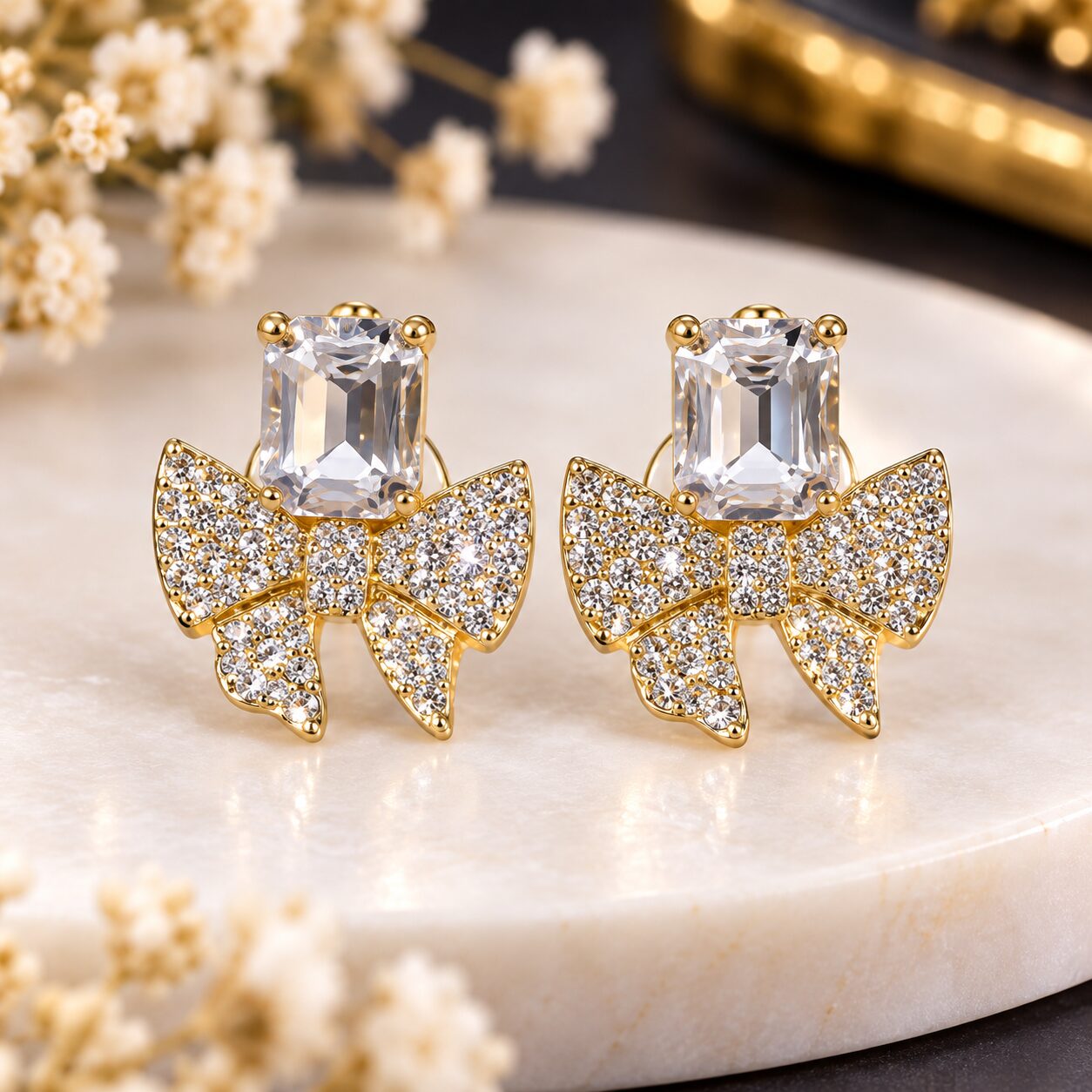 2026/09/1001785226.jpg Elegant Crystal Bow Stud Earrings - Image 1