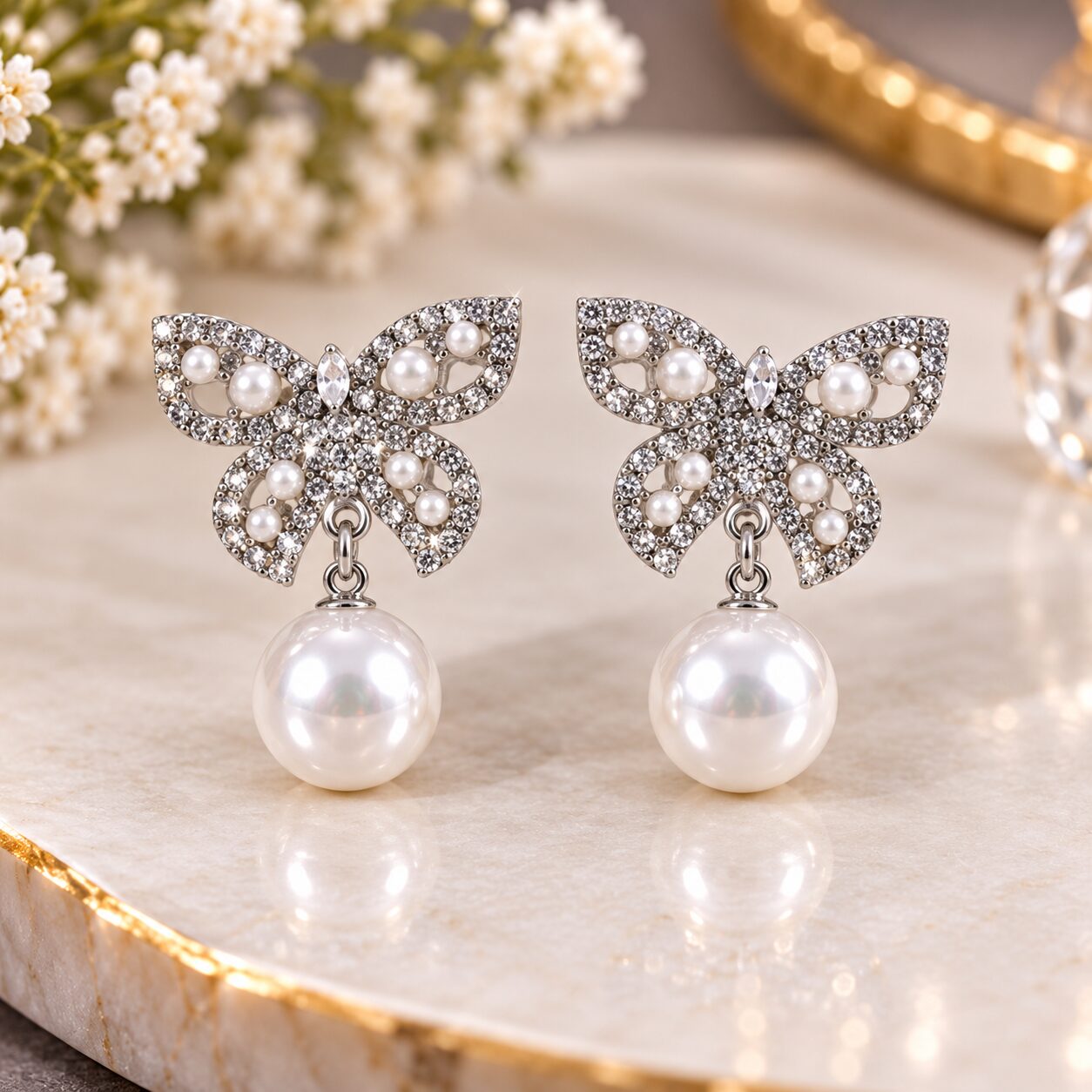 2026/09/1001785228.jpg Elegant Pearl Butterfly Drop Earrings - Image 1