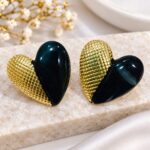 Elegant Black & Gold Heart-Shaped Earrings