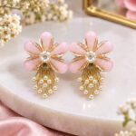 Elegant Pink Floral Pearl Drop Earrings