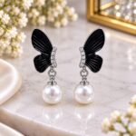 Elegant Black Butterfly Pearl Drop Earrings