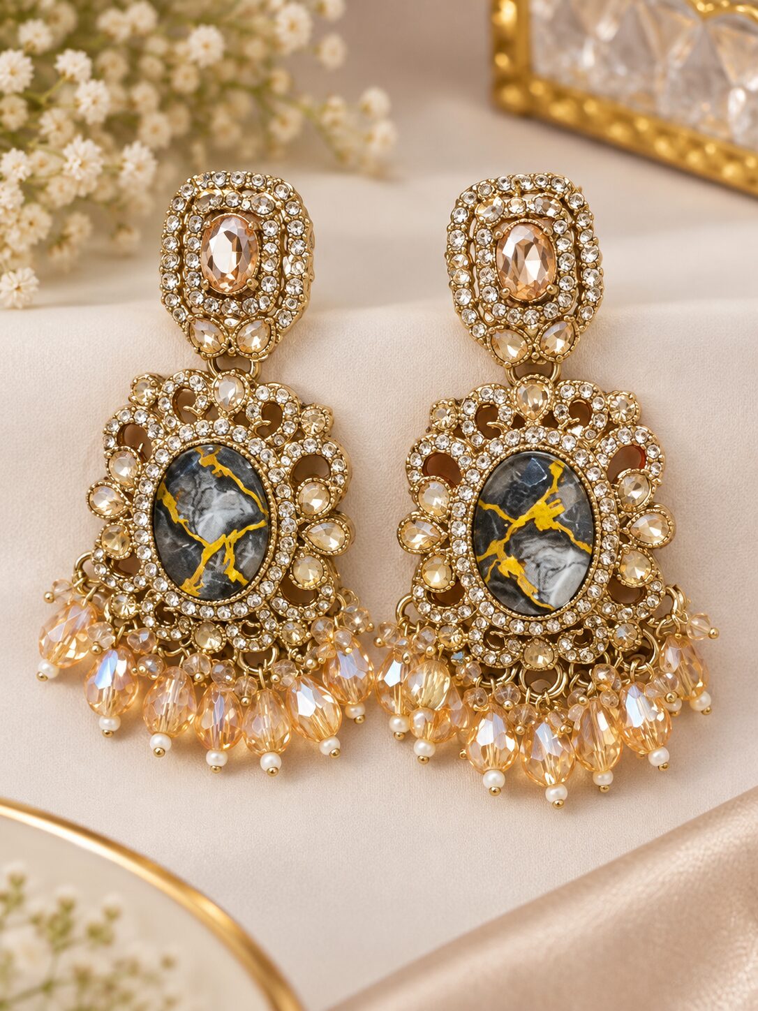 2026/09/1001785296.jpg Black & Gold Marble Crystal Chandelier Earrings - Image 1