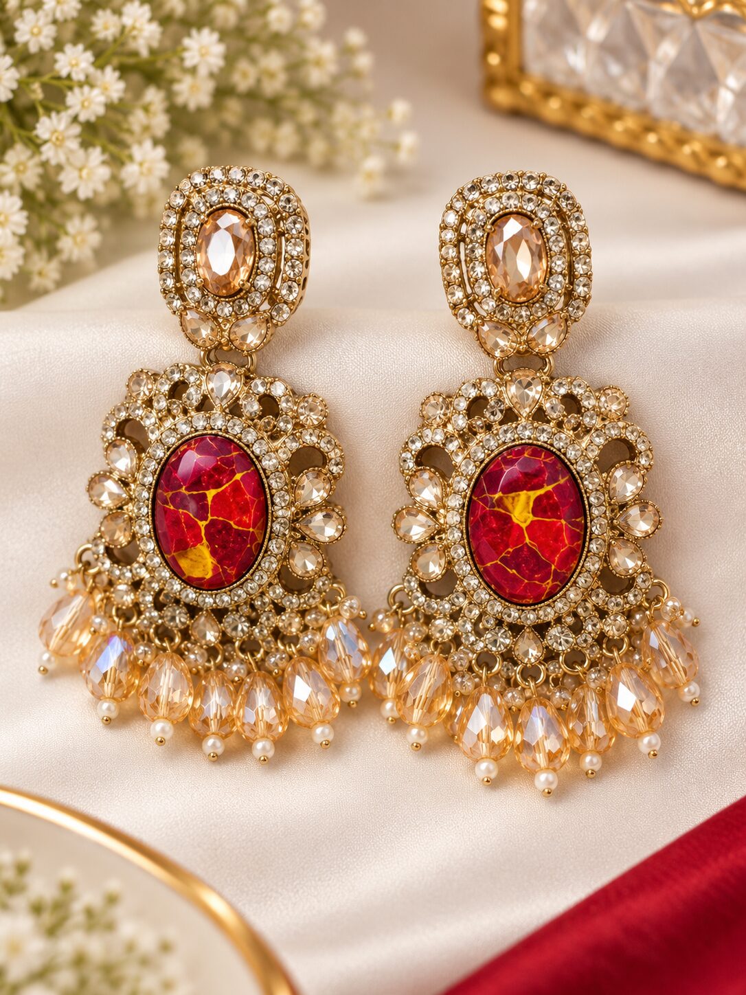 2026/09/1001785300.jpg Ruby Red & Gold Crystal Chandelier Earrings - Image 1