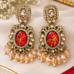 Ruby Red Marbled Gold Chandelier Earrings
