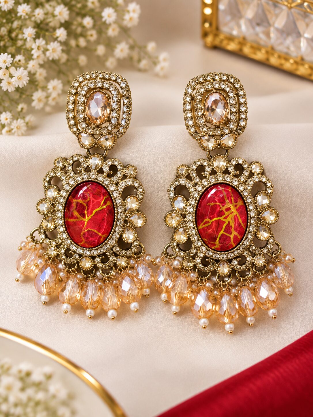 2026/09/1001785302.jpg Ruby Red Marbled Gold Chandelier Earrings - Image 1