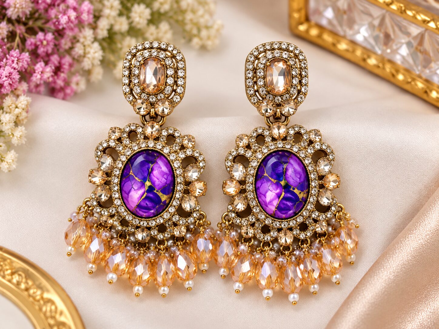 2026/09/1001785306.jpg Purple Marble & Gold Crystal Chandelier Earrings - Image 1