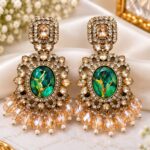 Emerald Green & Gold Marbled Crystal Chandelier Earrings