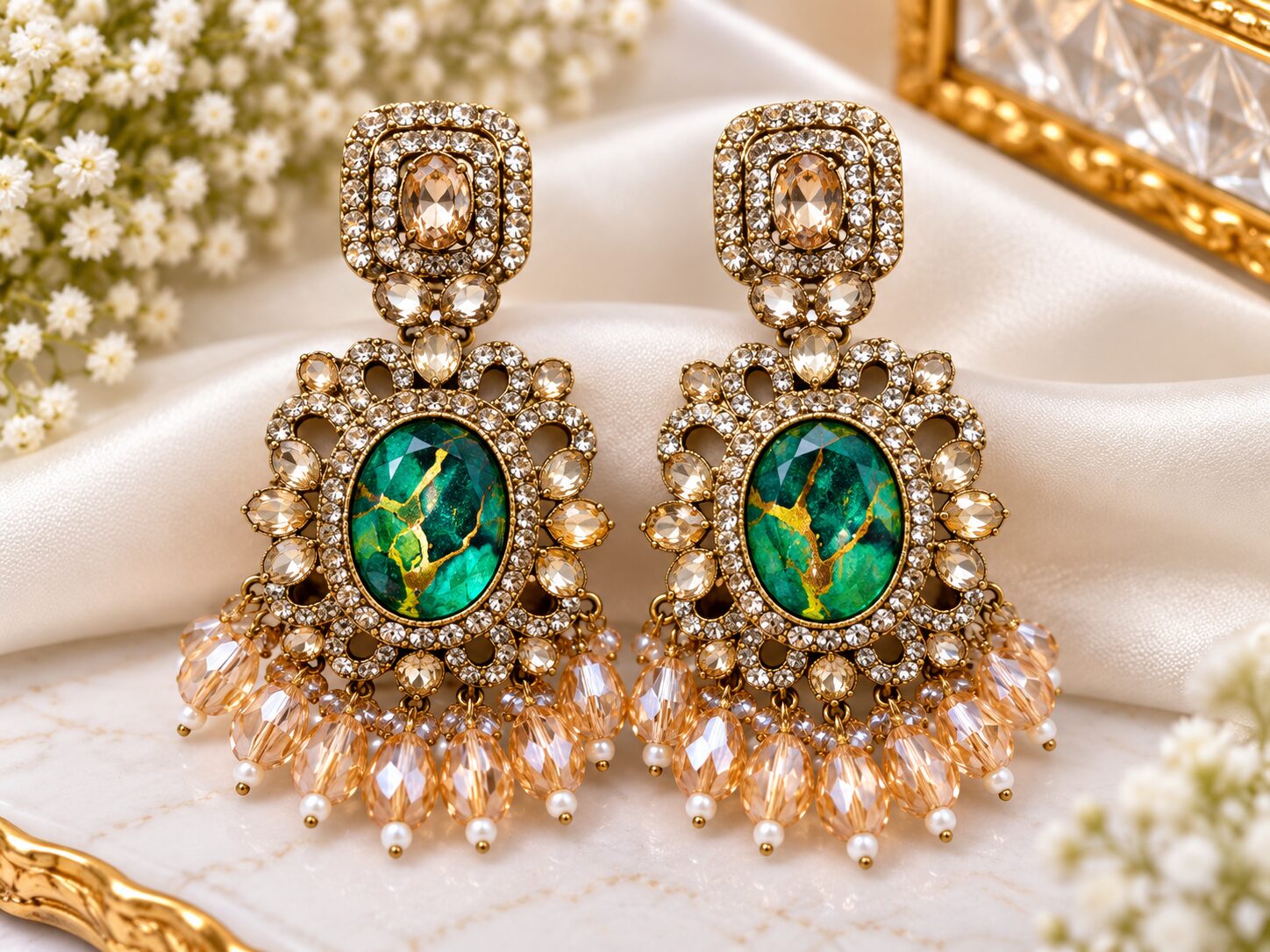2026/09/1001785310.jpg Emerald Green & Gold Marbled Crystal Chandelier Earrings - Image 1