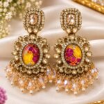 Magenta & Golden Yellow Marbled Crystal Chandelier Earrings