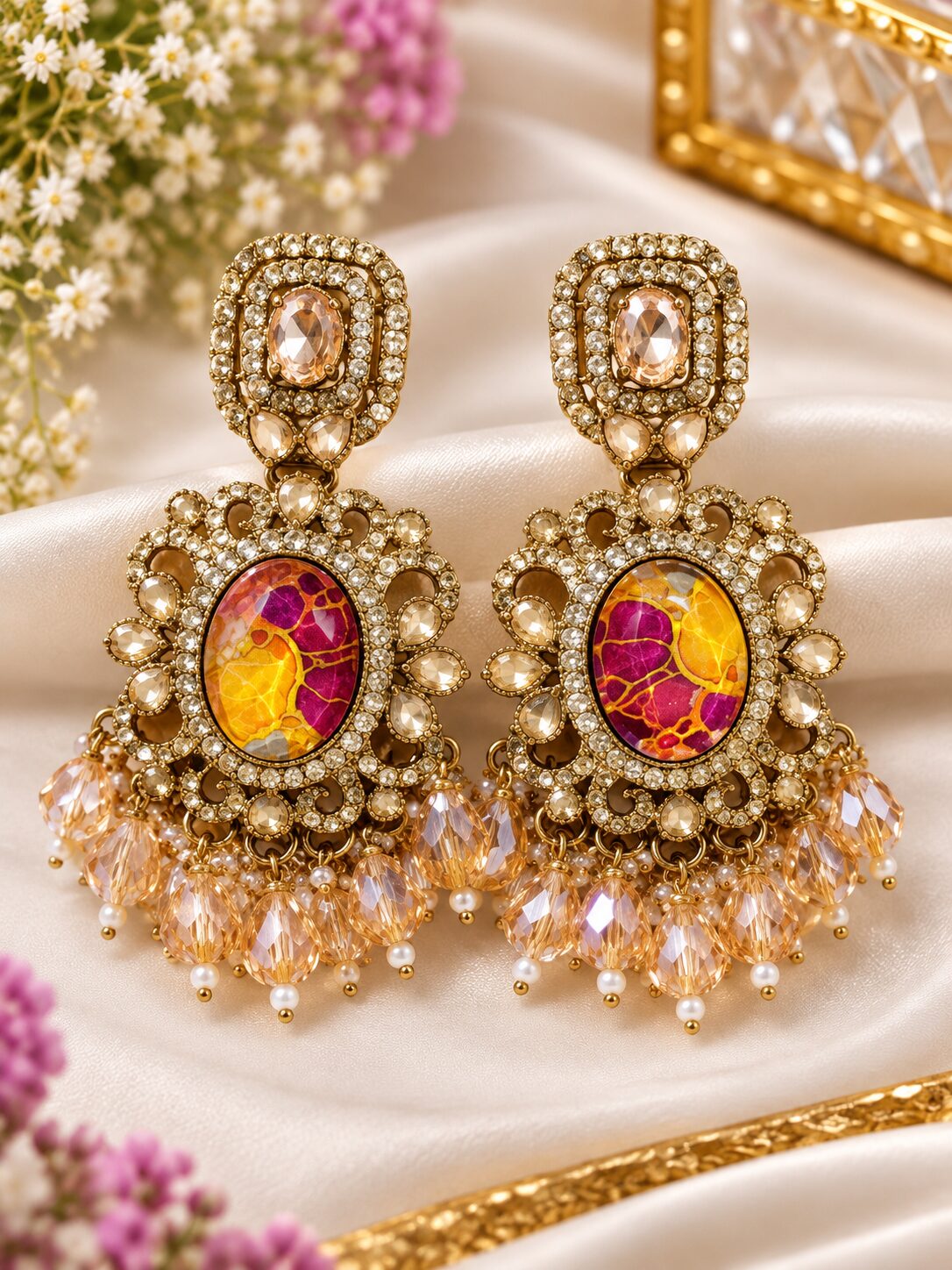 2026/09/1001785316.jpg Magenta & Golden Yellow Marbled Crystal Chandelier Earrings - Image 1