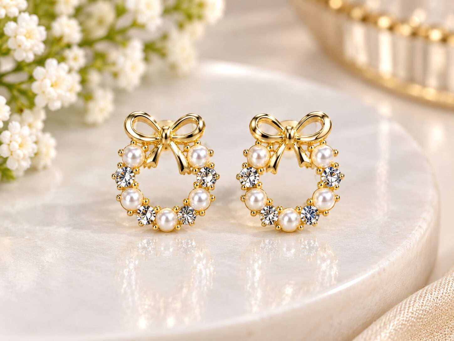 2026/09/1001785320.jpg Elegant Pearl & Crystal Bow Earrings - Image 1