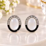 Elegant Pearl & Black Enamel Oval Stud Earrings