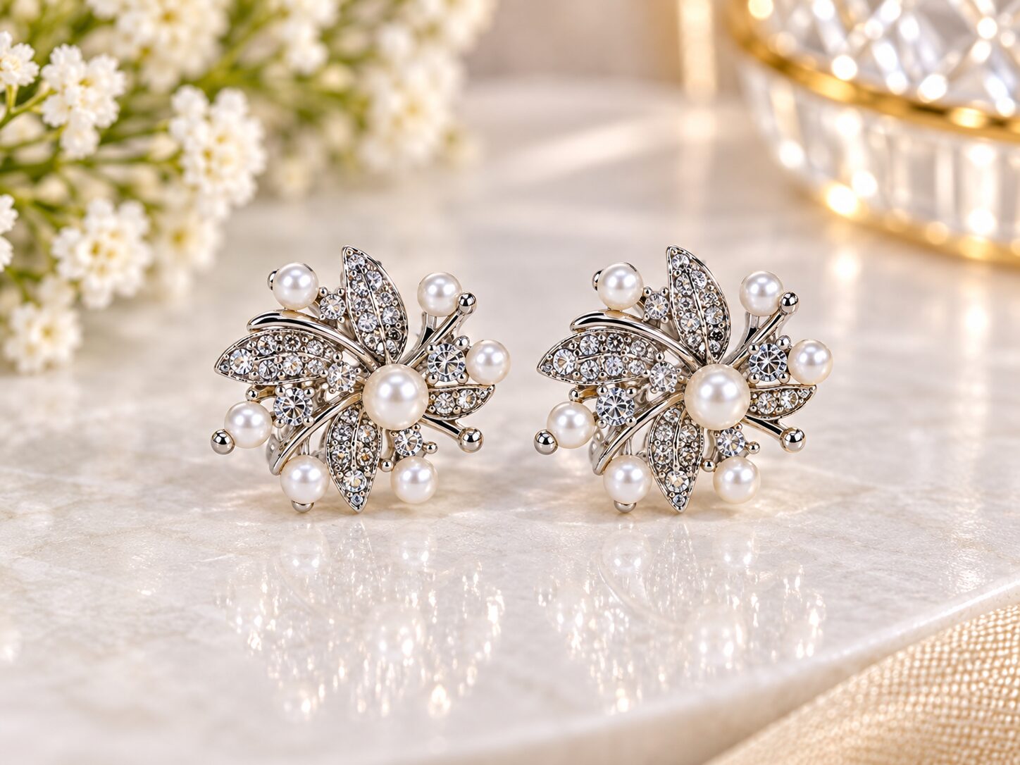 2026/09/1001785332.jpg Elegant Pearl & Crystal Floral Stud Earrings - Image 1