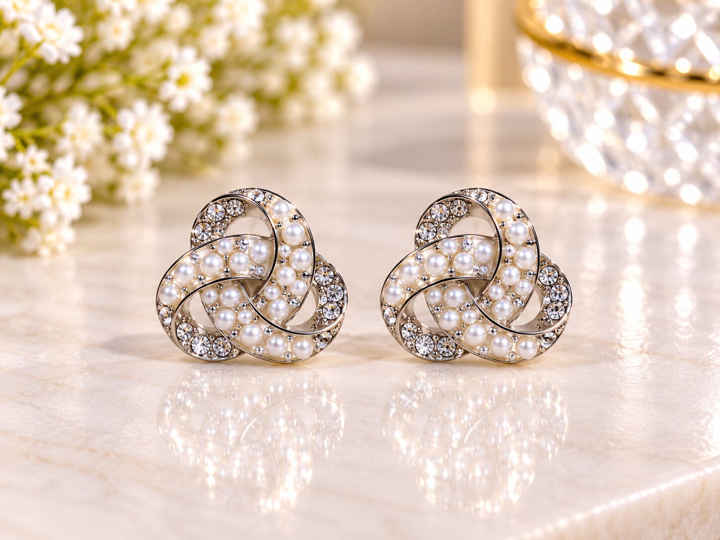 2026/09/1001785338.jpg Elegant Pearl & Crystal Interlocking Knot Earrings - Image 1