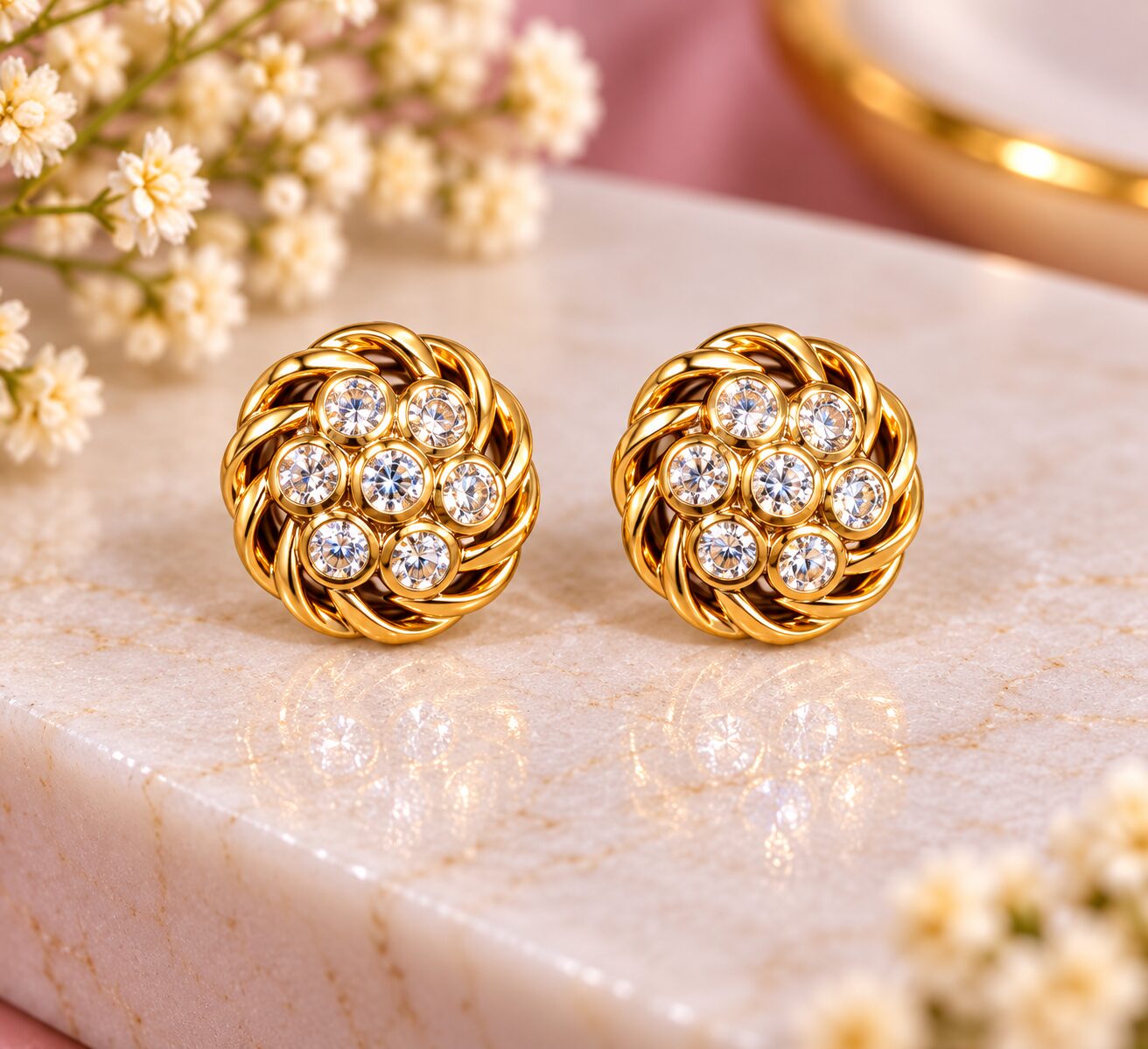 2026/09/1001785745.jpg Golden Crystal Braided Stud Earrings - Image 1