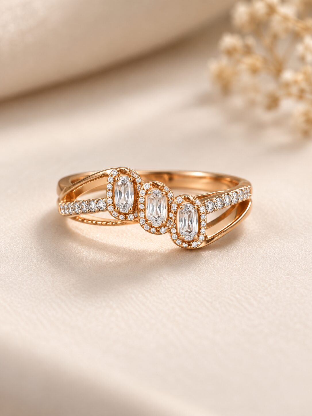 2026/09/1001785942.jpg Elegant Triple Stone Rose Gold Ring - Image 1