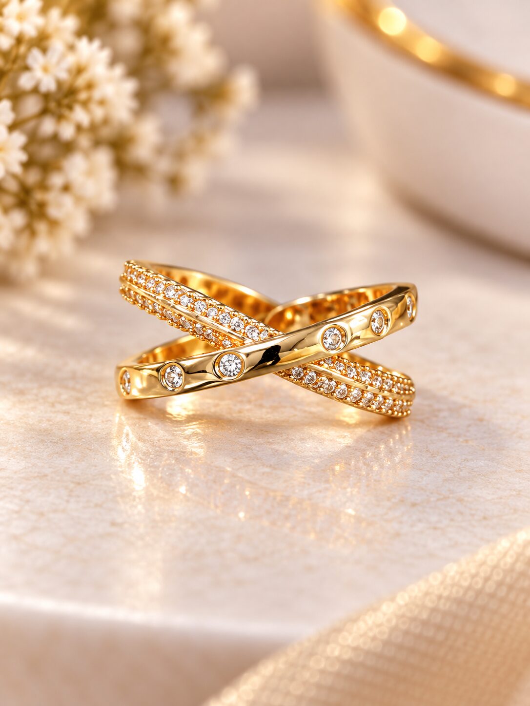 2026/09/1001786050.jpg Elegant Cross-Over Diamond Rose Gold Ring - Image 1