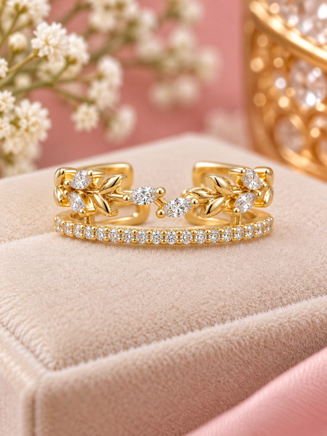 2026/09/1001786083.jpg Elegant Floral Diamond Rose Gold Ring - Image 1