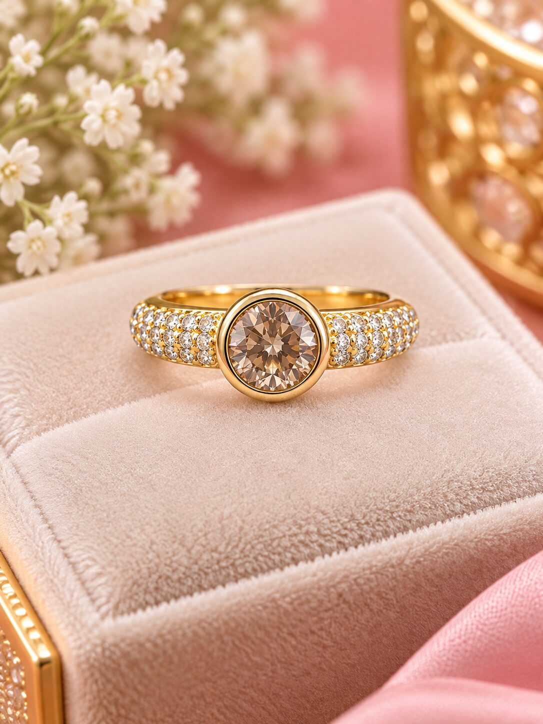 2026/09/1001786089.jpg Elegant Champagne Stone Pavé Rose Gold Ring - Image 1