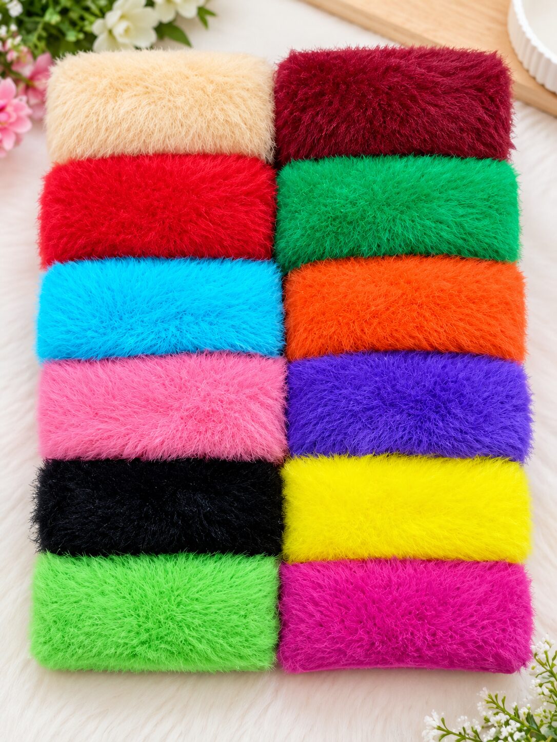 2026/09/1001788146.jpg 12 Pcs Colorful Fuzzy Hair Bands – Soft & Stretchable Hair Accessories Set - Image 1