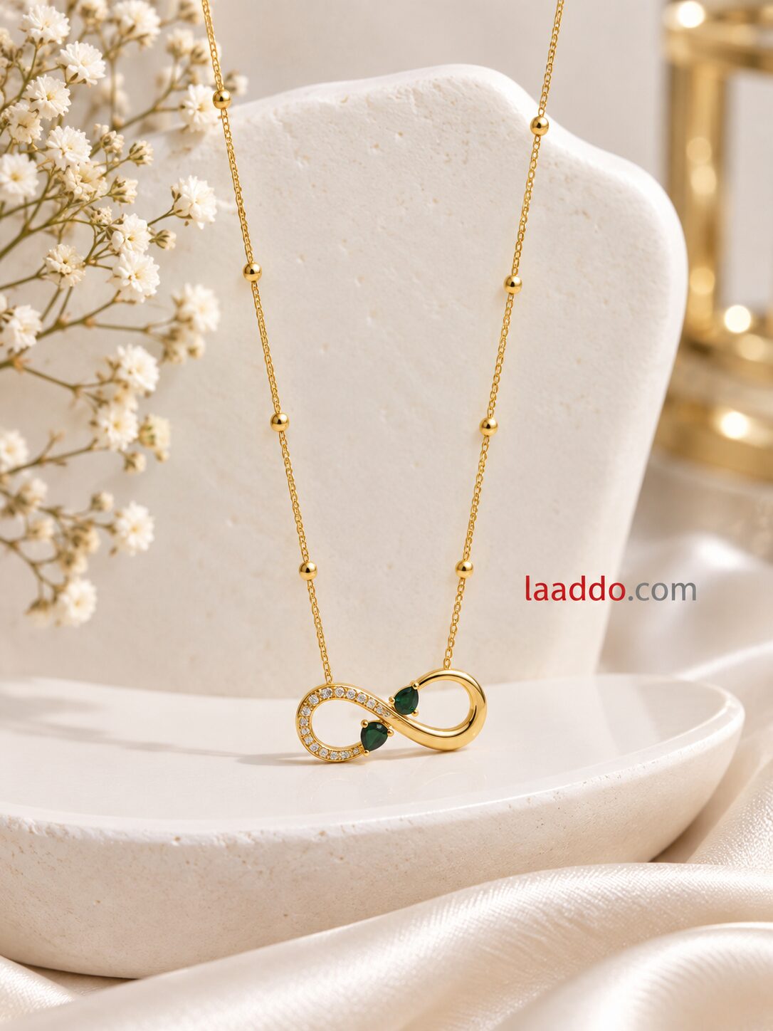 2026/09/1001789977.jpg Elegant Green Stone Infinity Pendant Necklace | Korean Style Gold-Finish Necklace - Image 1