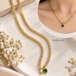 Gold Flat Link Chain with Green Heart Pendant | Elegant Korean Style Necklace