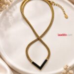 Korean Style Gold Finish Black V Pendant Snake Chain Necklace