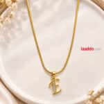 Korean Style Gold Finish CZ E Letter Pendant Snake Chain Necklace