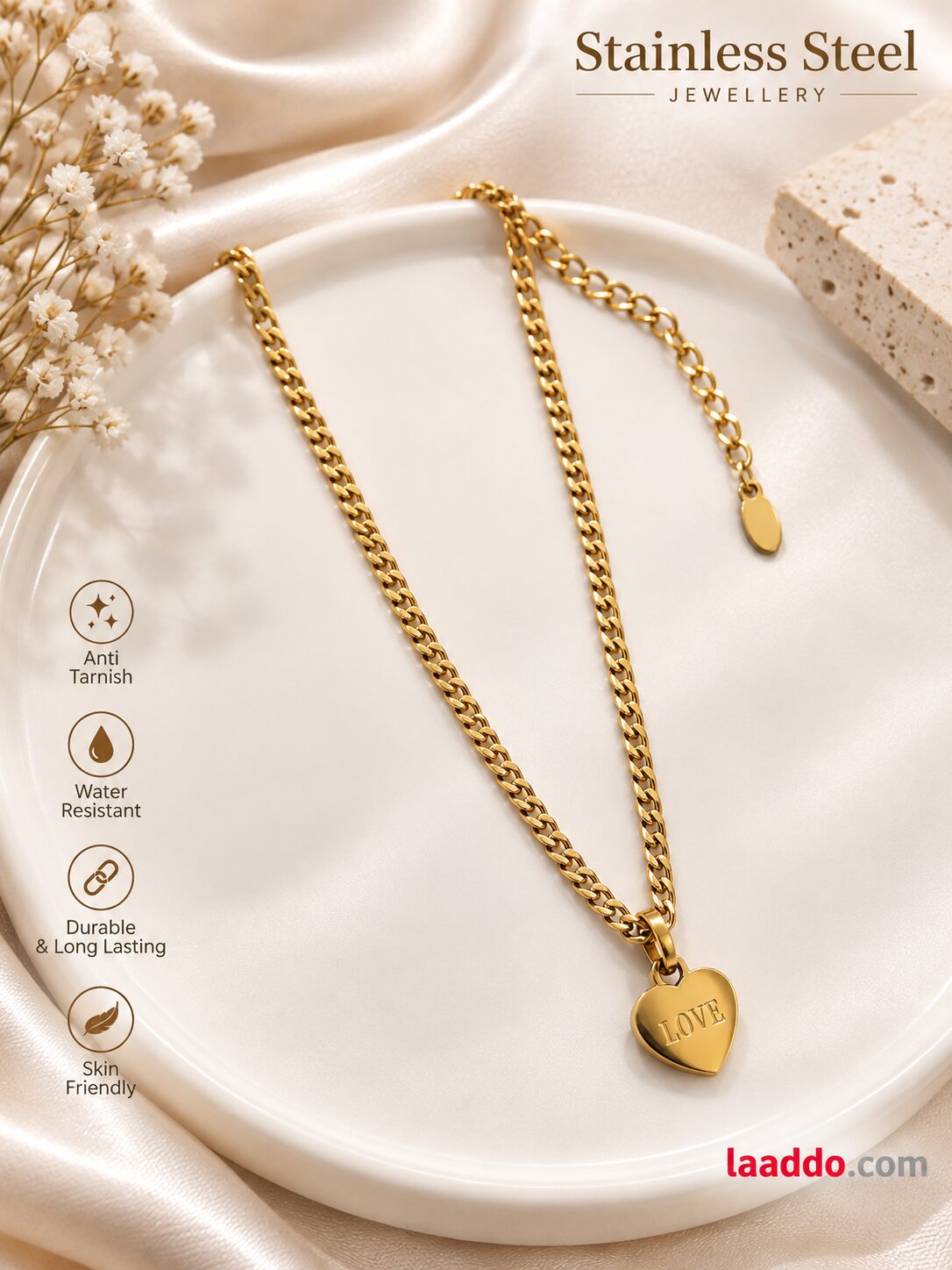 2026/09/1001790804.jpg Stainless Steel Gold Finish LOVE Heart Pendant Chain Necklace - Image 1