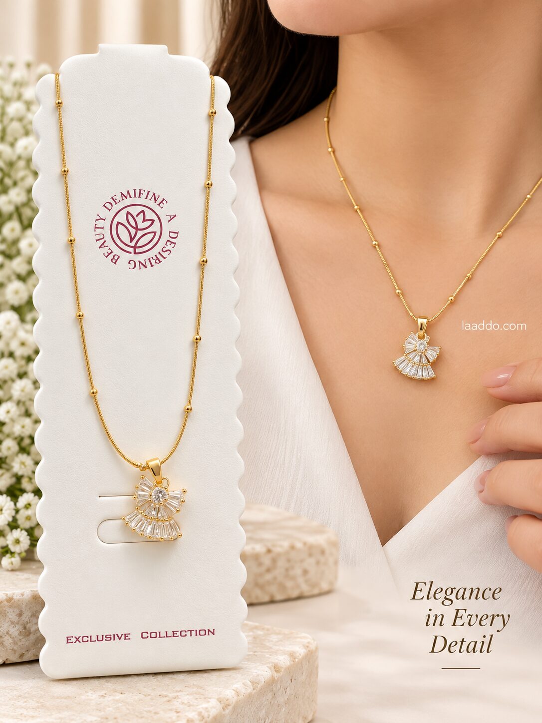 2026/09/1001790949.jpg Elegant Gold Fan-Shaped CZ Pendant Necklace | Korean Premium Jewellery - Image 1