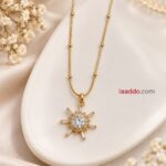 Elegant Sunburst Crystal Pendant Necklace – Korean Style Gold Finish