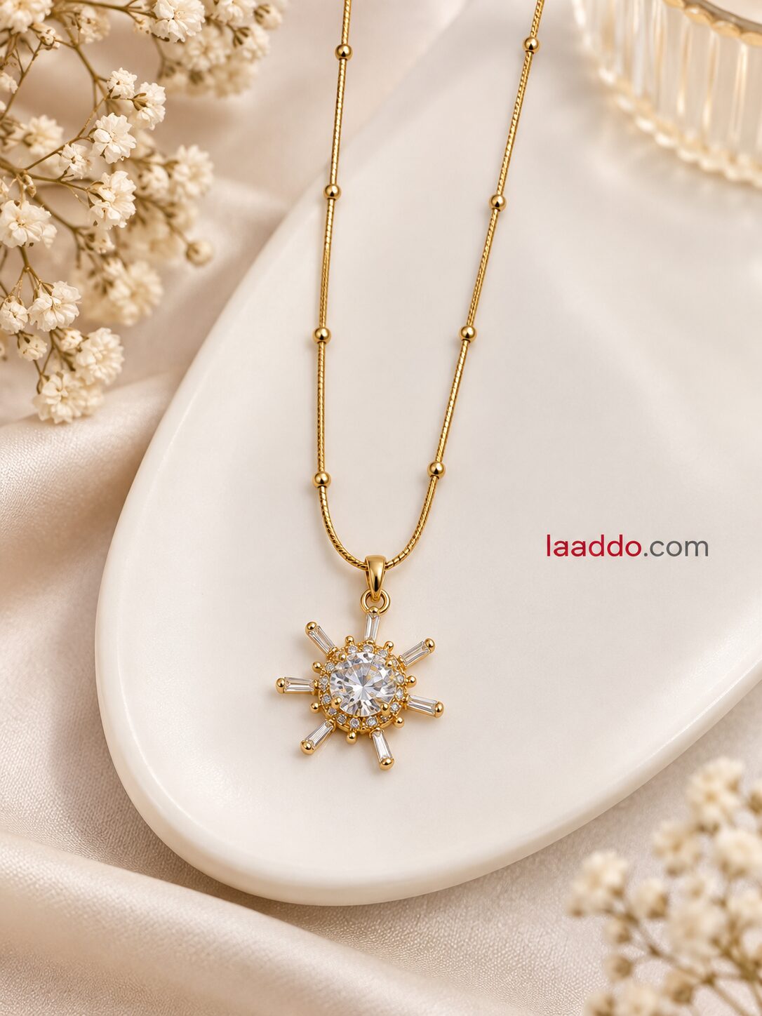 2026/09/1001791795.jpg Elegant Sunburst Crystal Pendant Necklace – Korean Style Gold Finish - Image 1