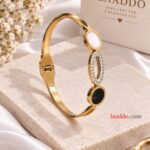 Elegant Gold Oval Crystal Cuff Bracelet with Pearl & Black Details | Premium Korean Style